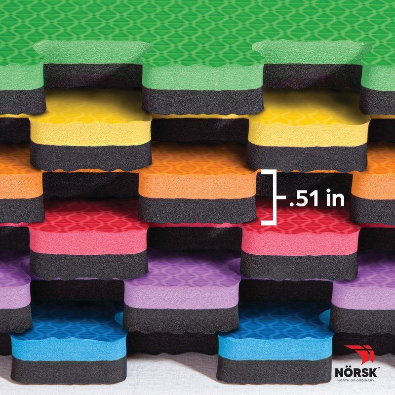 Norsk Dual-Sided Reversible 1/2" Foam Exercise Mats for Home Gym - Interlocking EVA Foam Tiles, 6 Tiles - 24 Sq. Ft. Rainbow Pack/Black