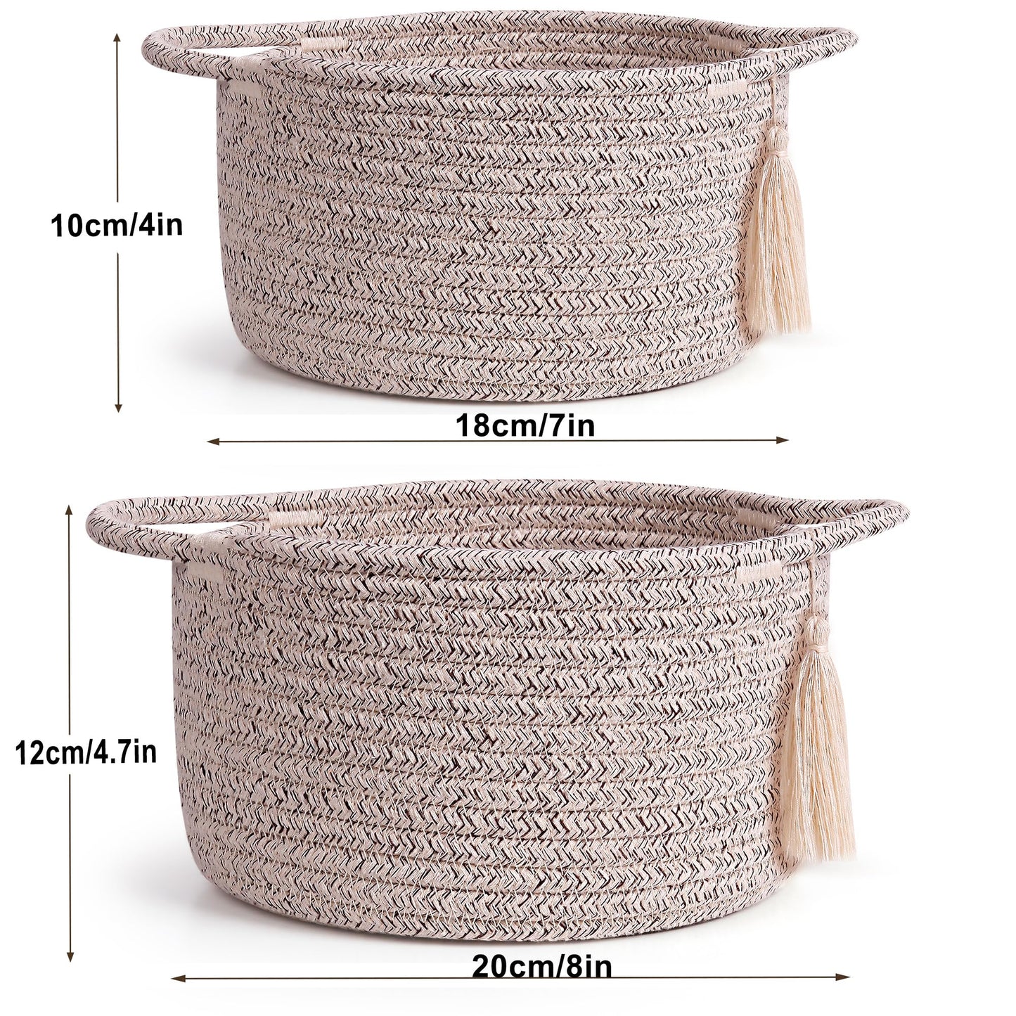 SweetMemo Small Gift Basket Empty Set of 2 - Little Cute Woven Rope Organizer Bins for Baby Shower Gifting, Makeup, Bathroom, Desk, Decorative Vanity - Pre-Shaped, Brown