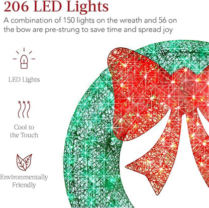 Best Choice Products 60in Pre-Lit Outdoor Christmas Wreath Decoration, LED Metal Holiday Decor for Home Exterior, Garden w/ 206 Lights, Bow - Green/Red
