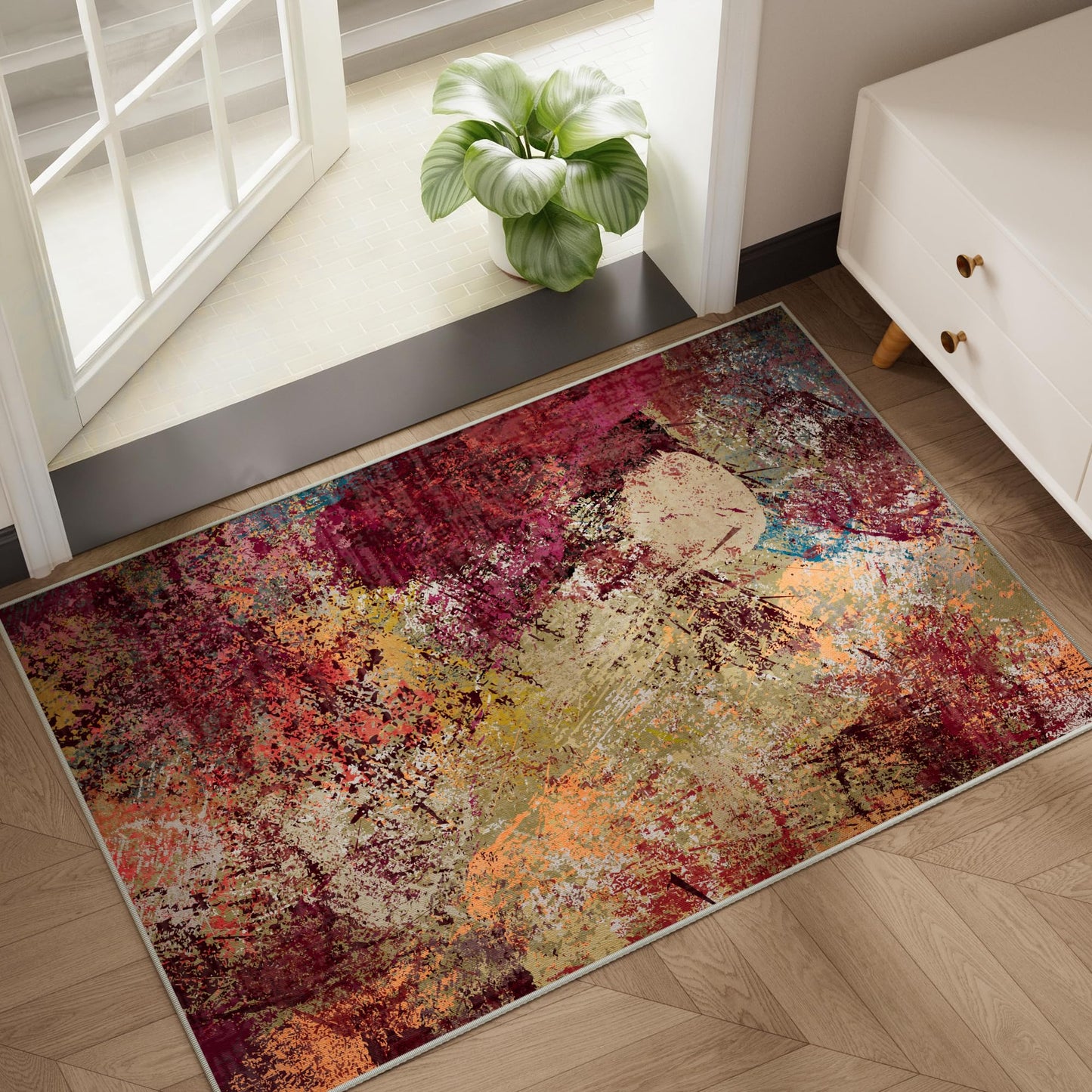 Arbosofe Modern Abstract Area Rug 2'x3' Washable Small Entry Rug, Short Pile with Non-Slip Backing Throw Rugs, Foldable Kitchen Bathroom Rugs, Small Rug with Abstract Pattern for Entryway Red Orange
