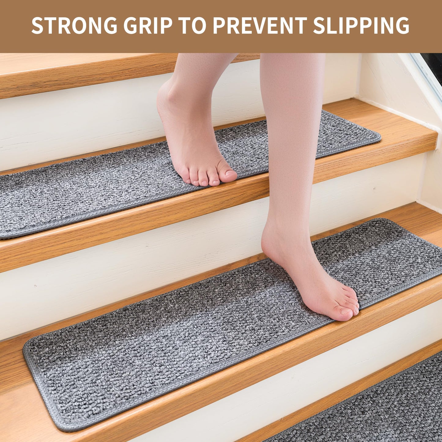 DONJOP 9.5x36 Inch Stair Treads for Wooden Steps Indoor(15-Pack) – Non Slip Adhesive Peel and Stick Carpet Stair Treads, Washable & Reusable Stair Runner Rugs for Kids Elders and Pets-Grey