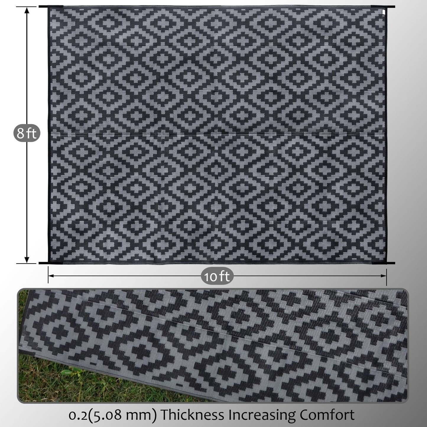 SAND MINE Waterproof Outdoor Rug 8x10 ft, Plastic Reversible Rug, Modern Area Rug, Large Floor Mat for Outdoors, RV, Patio, Backyard, Deck, Picnic, Beach, Camping (8' x 10', Black Grey Lattice)