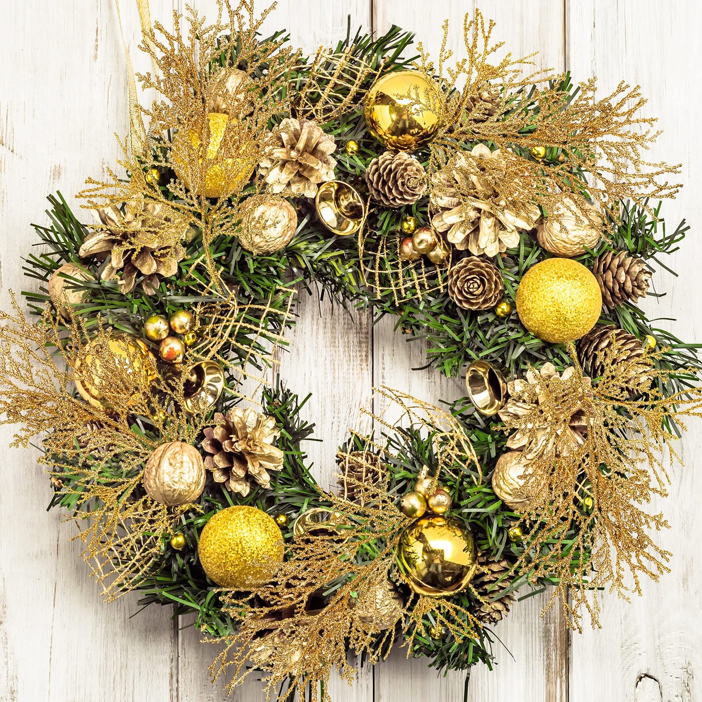 15 Pcs Gold Glitter Artificial Cedar Sprigs Picks Faux Cedar Branches Stems Christmas Tree Picks Sprays 15.4" H for Gold Christmas Tree Wreath Wedding Bouquet Winter Seasonal Holiday Decoration