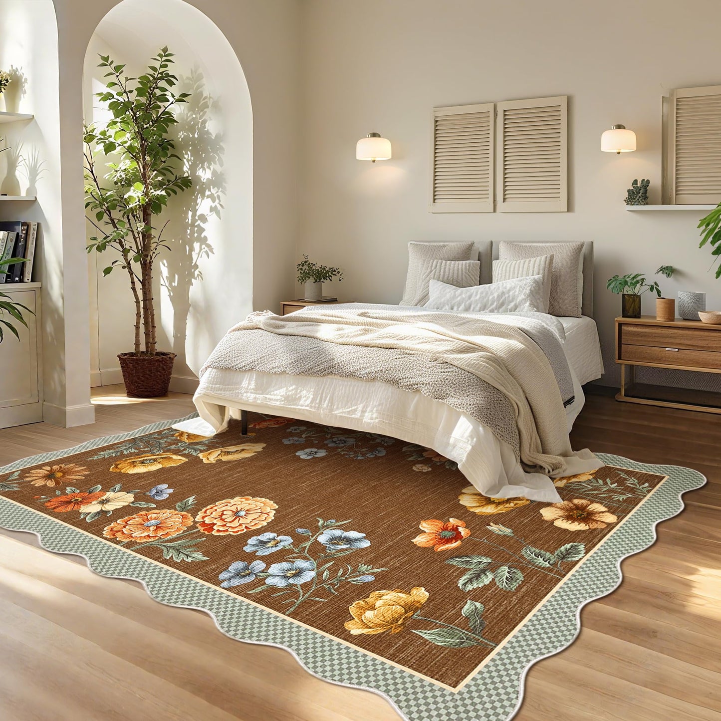 GarveeHome Floral Scalloped Washable Rugs 8x10, Non-Slip Low Pile Living Room Rugs 8x10, Soft Bedroom Rug Stain Resistance Boho Botanical Brown Rug with Rubber Back for Dining Room, Coffee