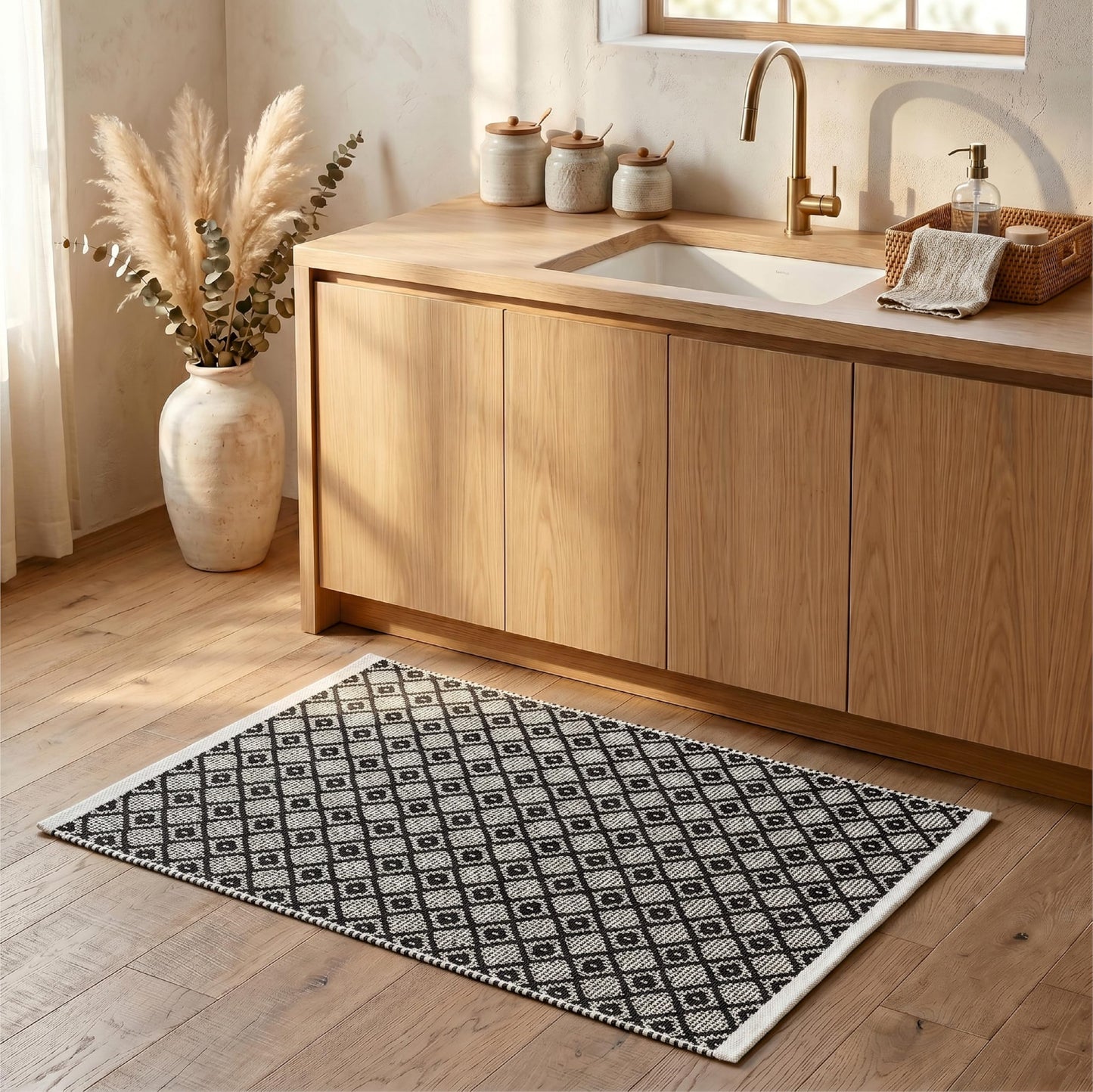 Cotton Diamond Woven Area Rug 2x3 Feet - Black, Non Slip Farmhouse Accent Indoor Outdoor Area Floor Mat Ideal for Entryway, Nursery, Kitchen | Boho Soft Decorative Dark Bedroom Patio Throw Carpet