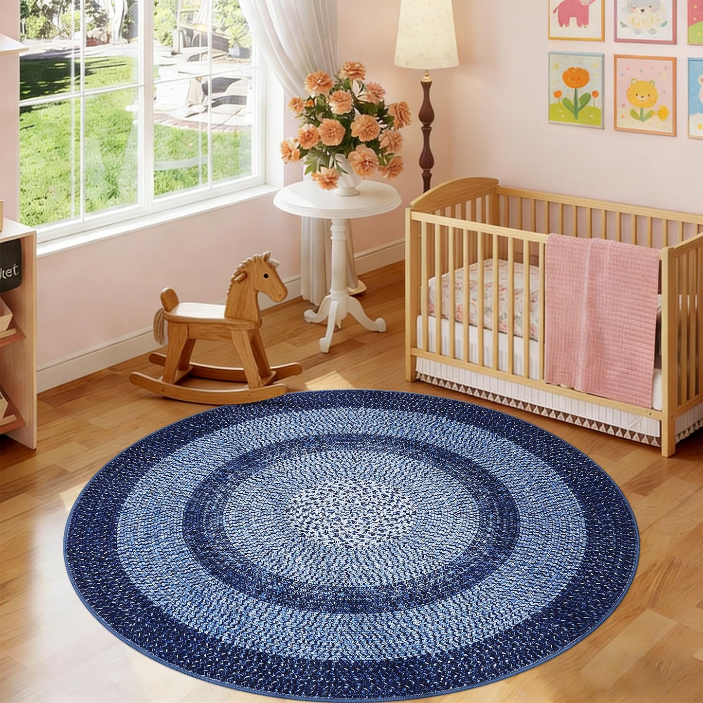 Modern Bordered Round Area Rug 4ft Washable Bedroom Circle Rugs Non Slip Stain Resistant Dining Room Round Throw Carpet Contemporary Circle Mats for Living Room Kitchen Nursery, Navy
