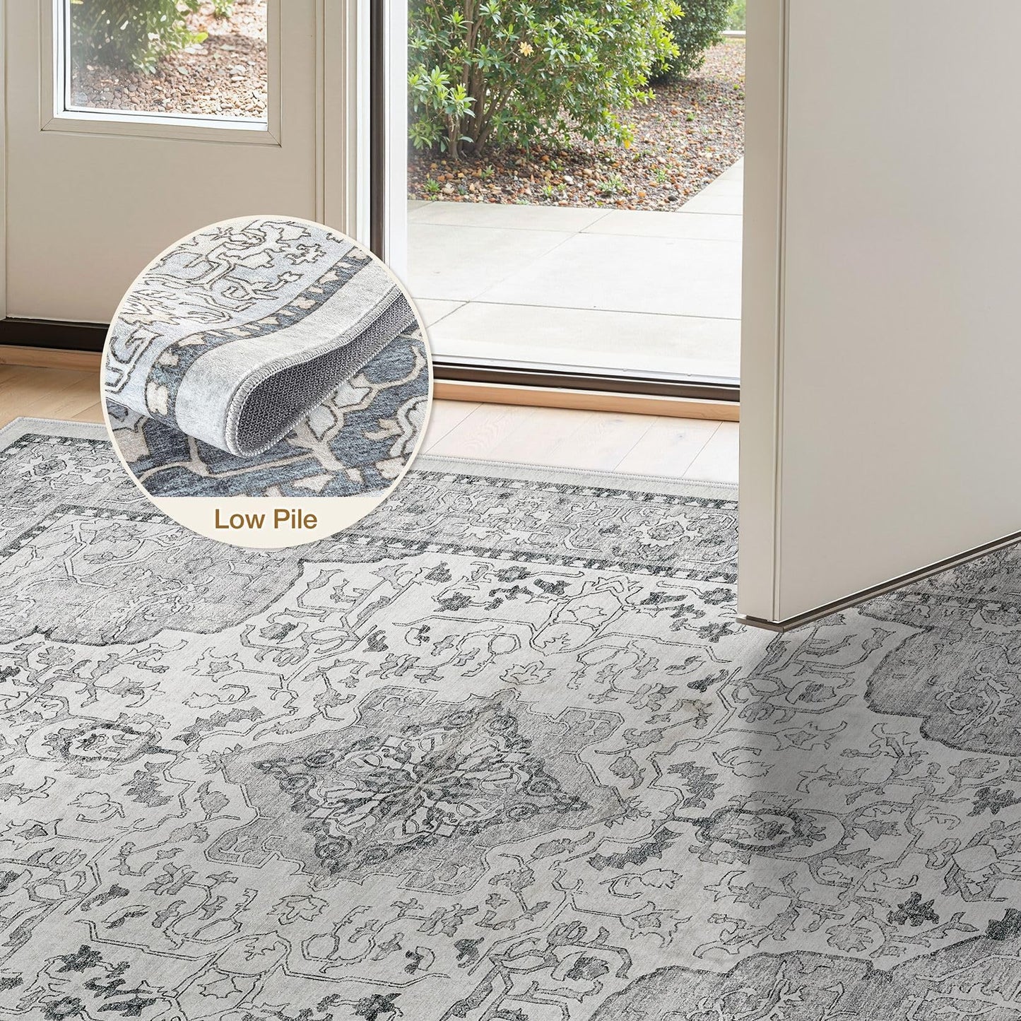 cotiled 4x6 Area Rug Machine Washable Vintage Carpet for Living Room Bedroom Soft Non-Slip Backing Floor Mat Kid & Pet Friendly Stain Resistant Grey