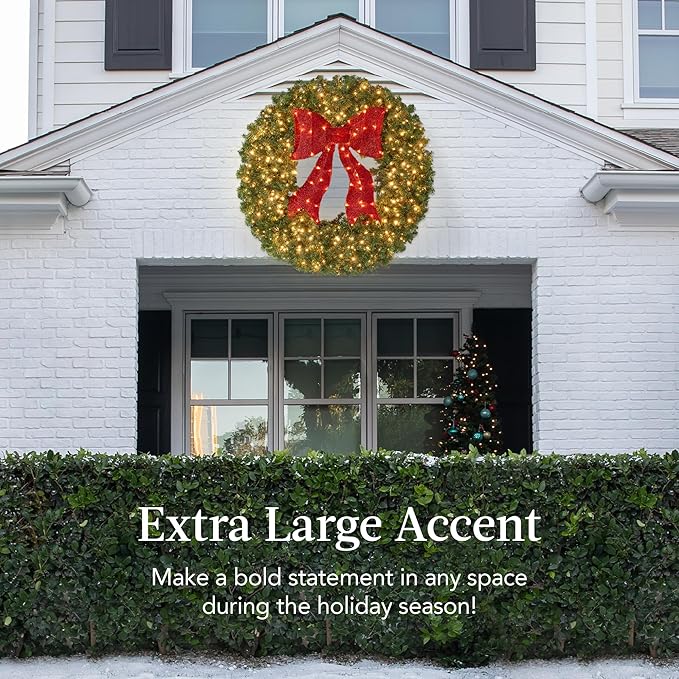 Best Choice Products 48in Large Artificial Pre-Lit Fir Christmas Wreath Holiday Accent Decoration for Door, Mantel w/Red Lighted Bow, 250 LED Lights, 714 PVC Tips, Power Plug-in