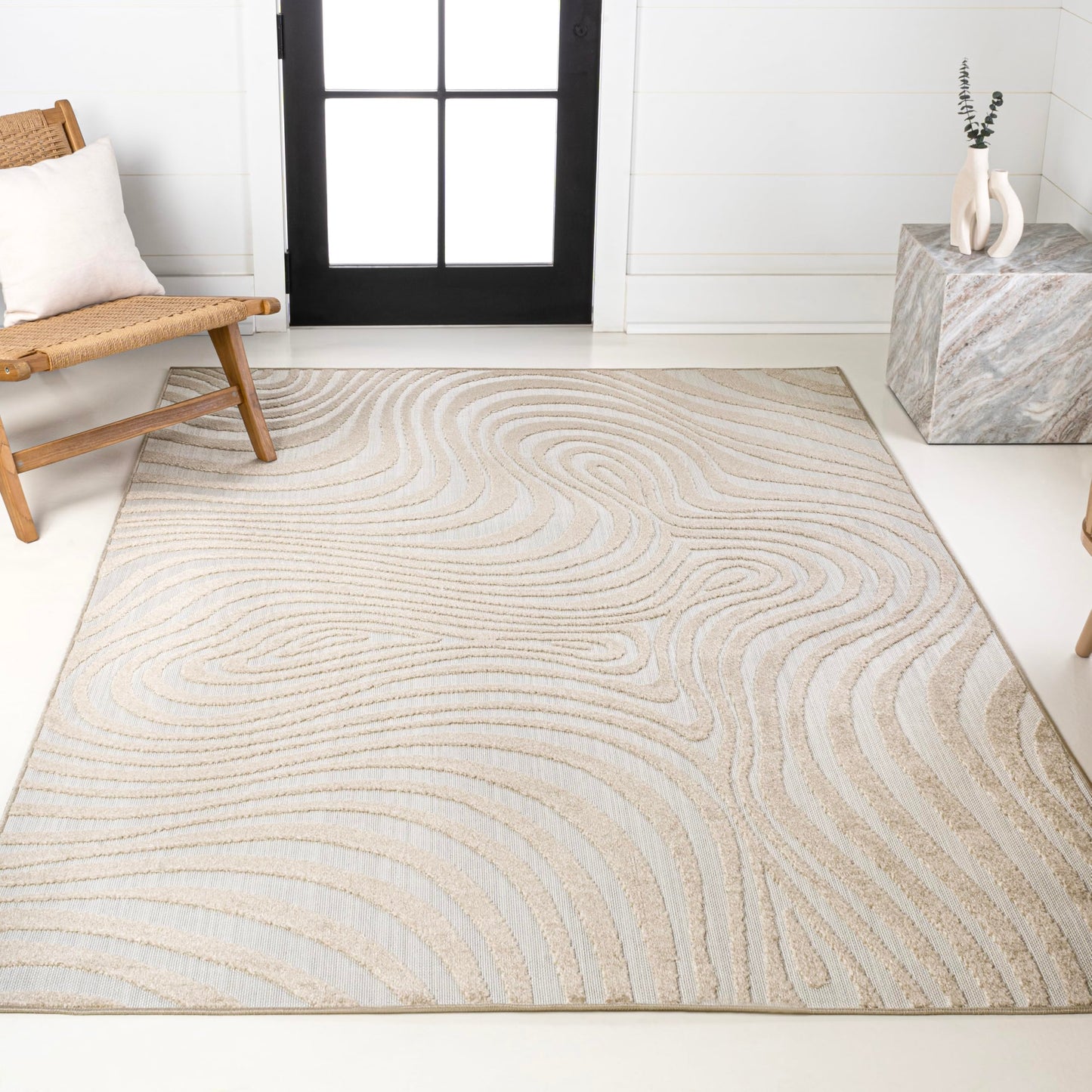 JONATHAN Y Maribo High-Low Abstract Striped Beige/Cream 3x5 Indoor/Outdoor Area Rug for Patio, Backyard, Living Room, Bedroom, Office, Hose-Washable (SCN103D-3)