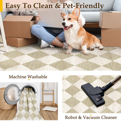 WondRg 8x10 Checkered Beige Area Rug for Living Room Bedroom Washable Soft Modern Non Slip Large Throw Rug Lightweight Low Pile Neutral Carpet Dining Room Office Classroom Nursery Playroom
