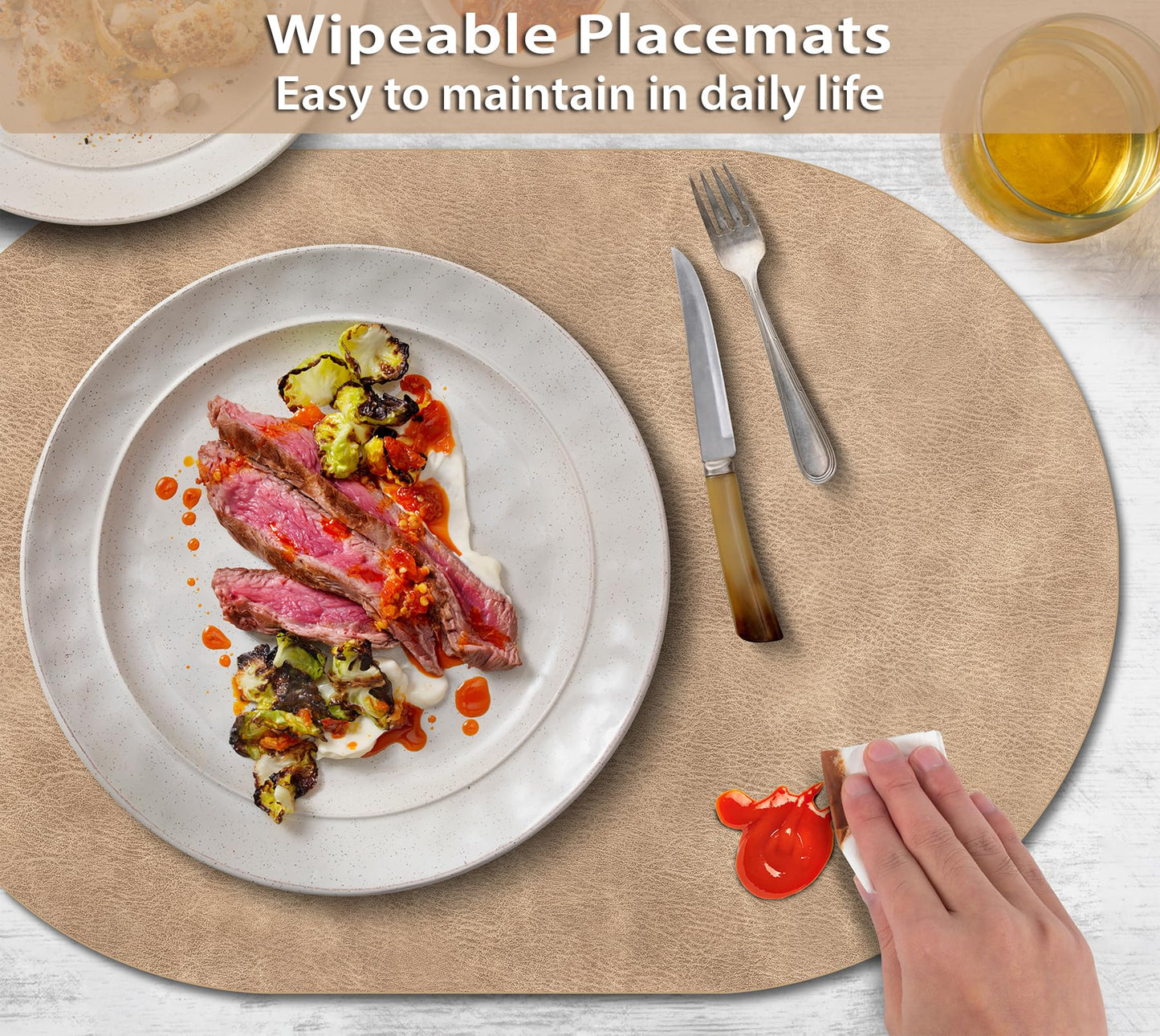ADRIMER Placemats, Heat Resistant Oval Placemats Set of 6 Washable 12 x 17 Inch, Waterproof Table Placemats Set of 6, Wipeable Faux Leather Placemats for Kitchen, Dining Room, Apricot