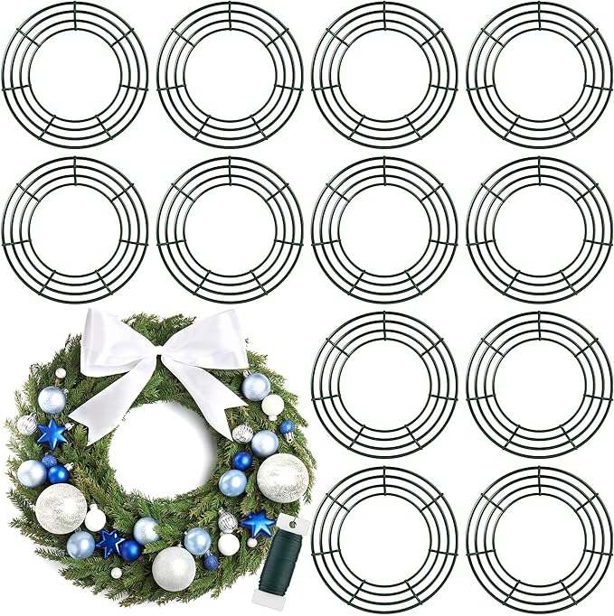 Fovths12 Pack Christmas Wire Wreath Ring 14 Inches Metal Wire Wreath Frame with Floral Wires Green DIY Floral Crafts for Xmas Halloween New Year Holiday Valentines Day Decor