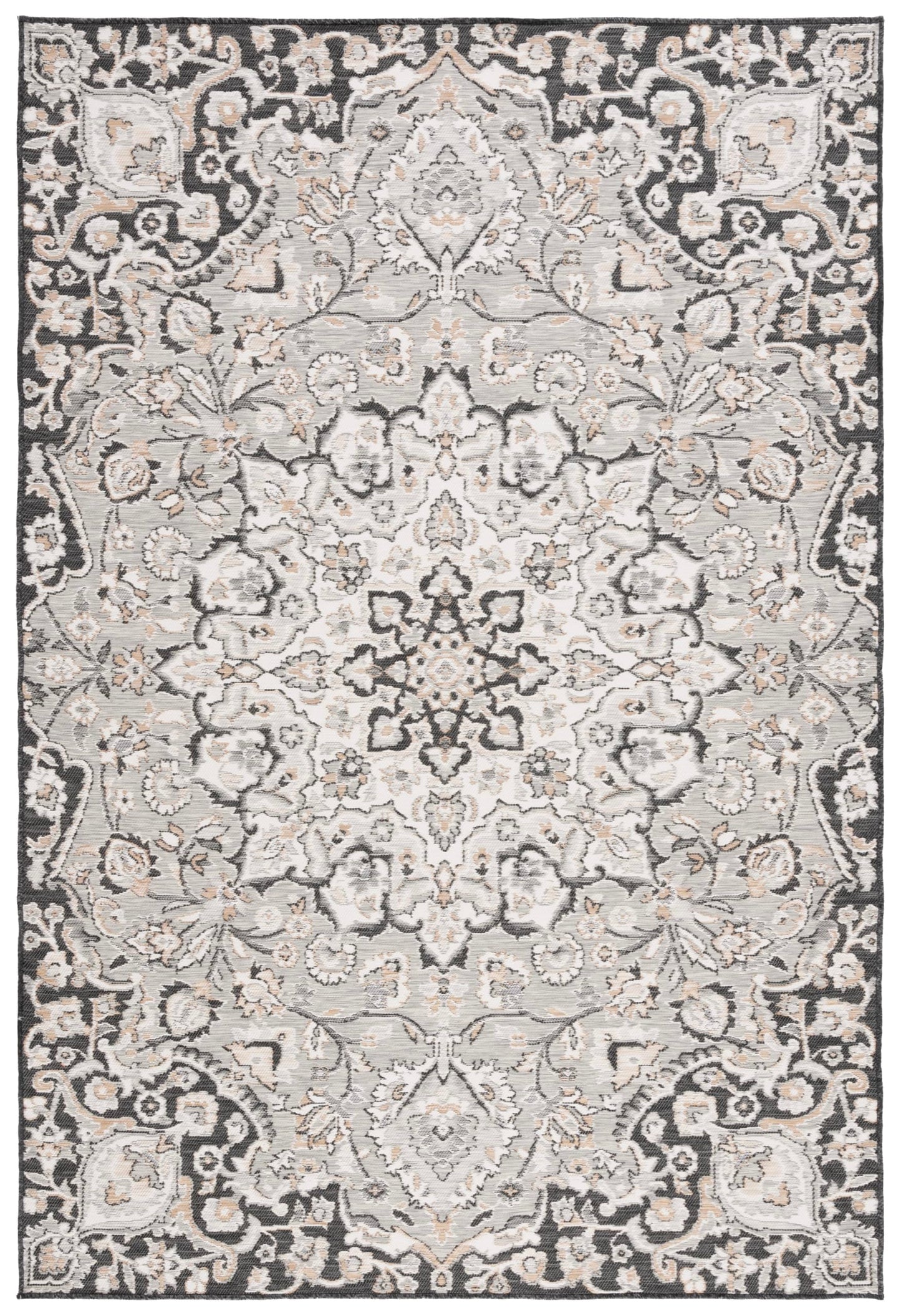 SAFAVIEH Washable Rug Outdoor Sunrise Collection - 5'3" x 7'7", Grey & Beige Black, Non-Shedding & Easy to Clean, Ideal for Patio, Backyard, Mudroom (SUN696F)