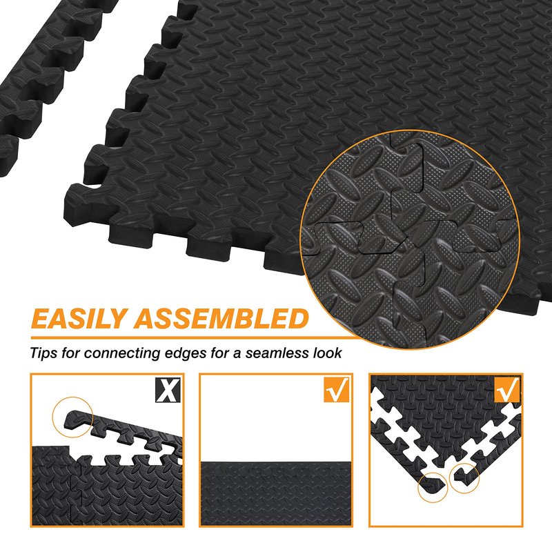 Mat Block Interlocking Foam Tiles Puzzle Mats for Floor 24 SQ FT, 1/2 inch, 6 Tiles, EVA Gym Mat Flooring Exercise Equipment Mat for Home Gym Equipment, Black, 6pcs