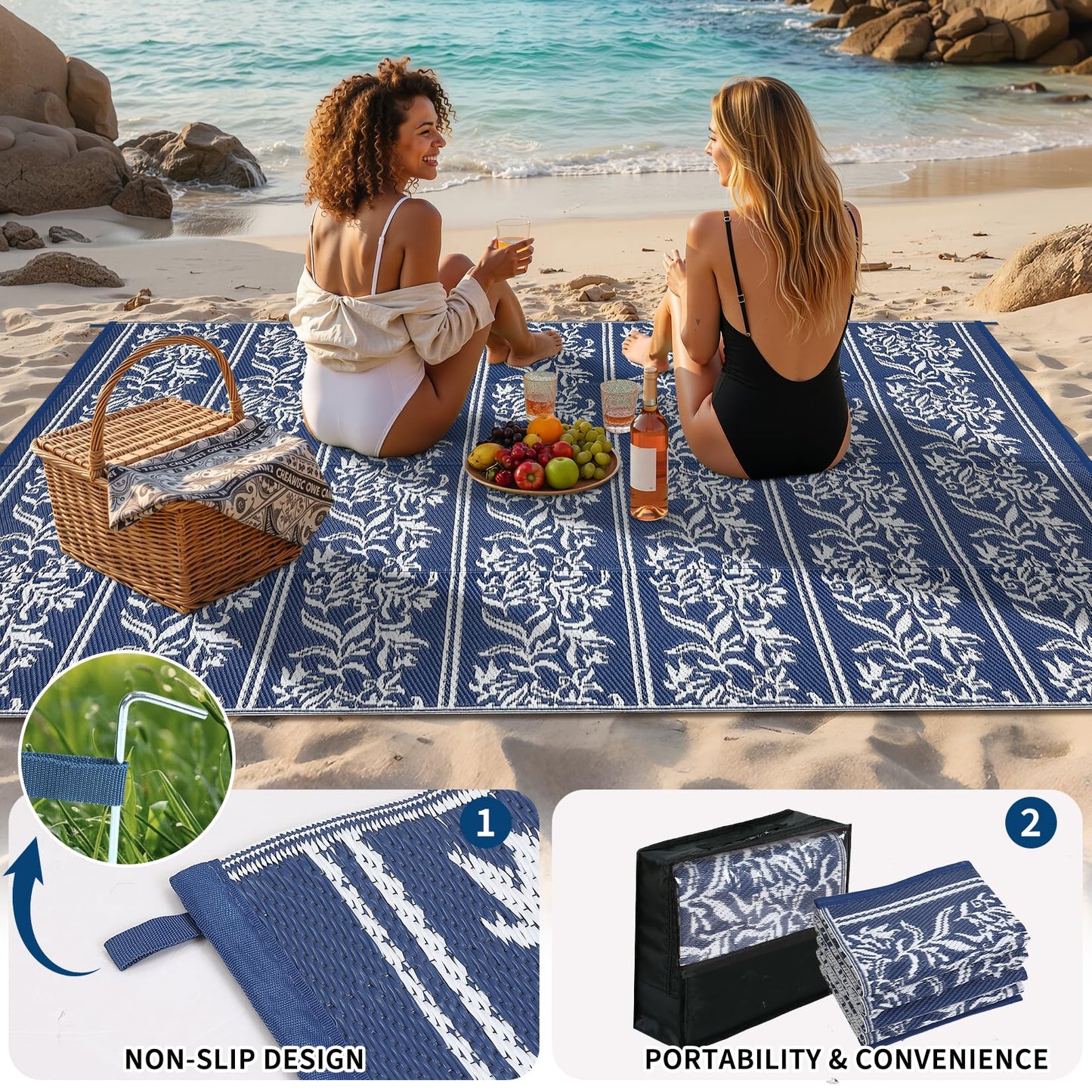 Garvee Outdoor Rugs 5x8 Waterproof Reversible Mat Boho Leaf Patio Rug with 4 Stakes and Starage Bag, Large Outdoor RV Mat Rugs for Camping, Picnic, Balcony, Deck, Backyard, Navy Blue & White