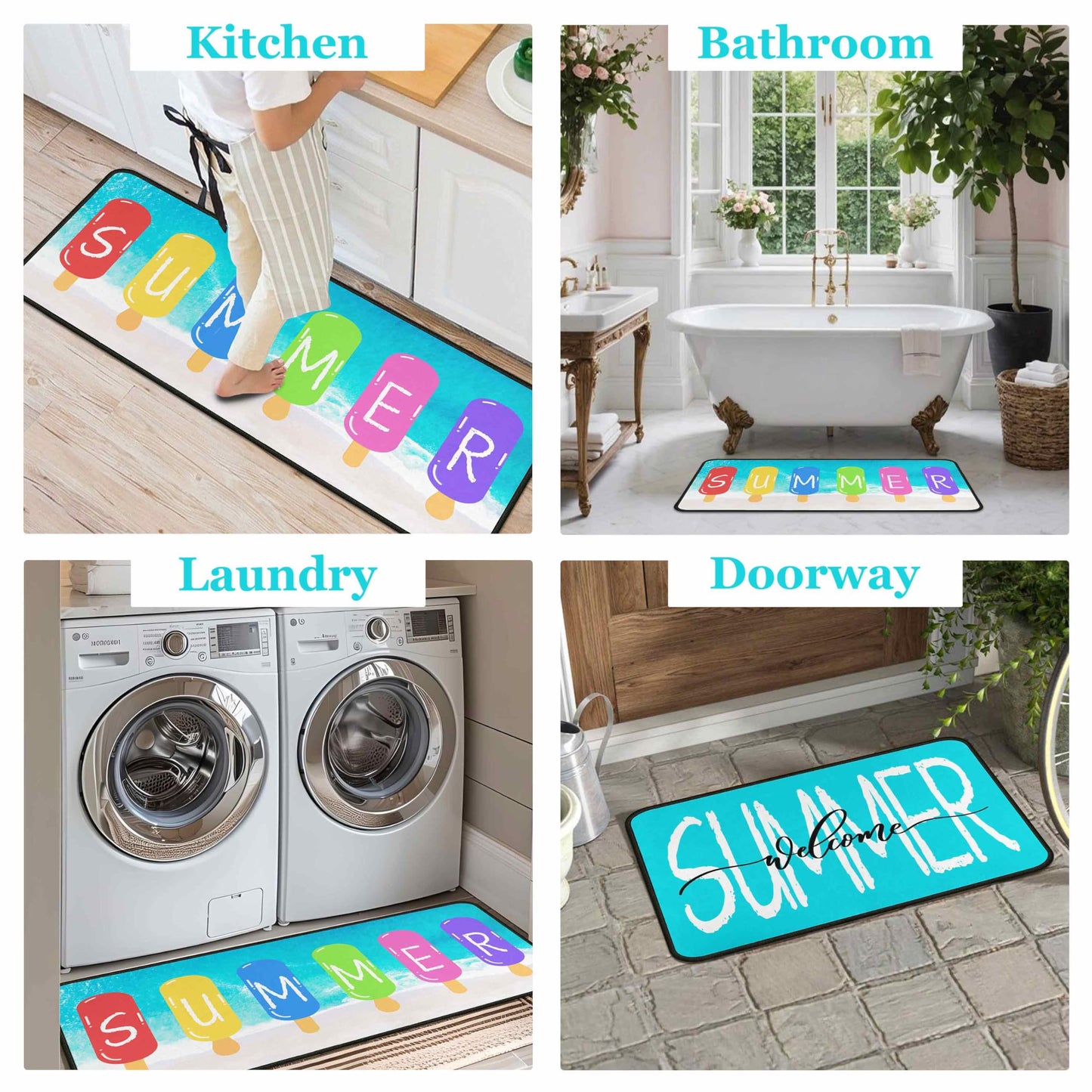 Lumiprinta Summer Blue Kitchen Rugs and Mats Set of 2, Seasonal Microfiber Washable Non-Slip Floor Mats for Home Kitchen Decor 17"x47"+17"x30"