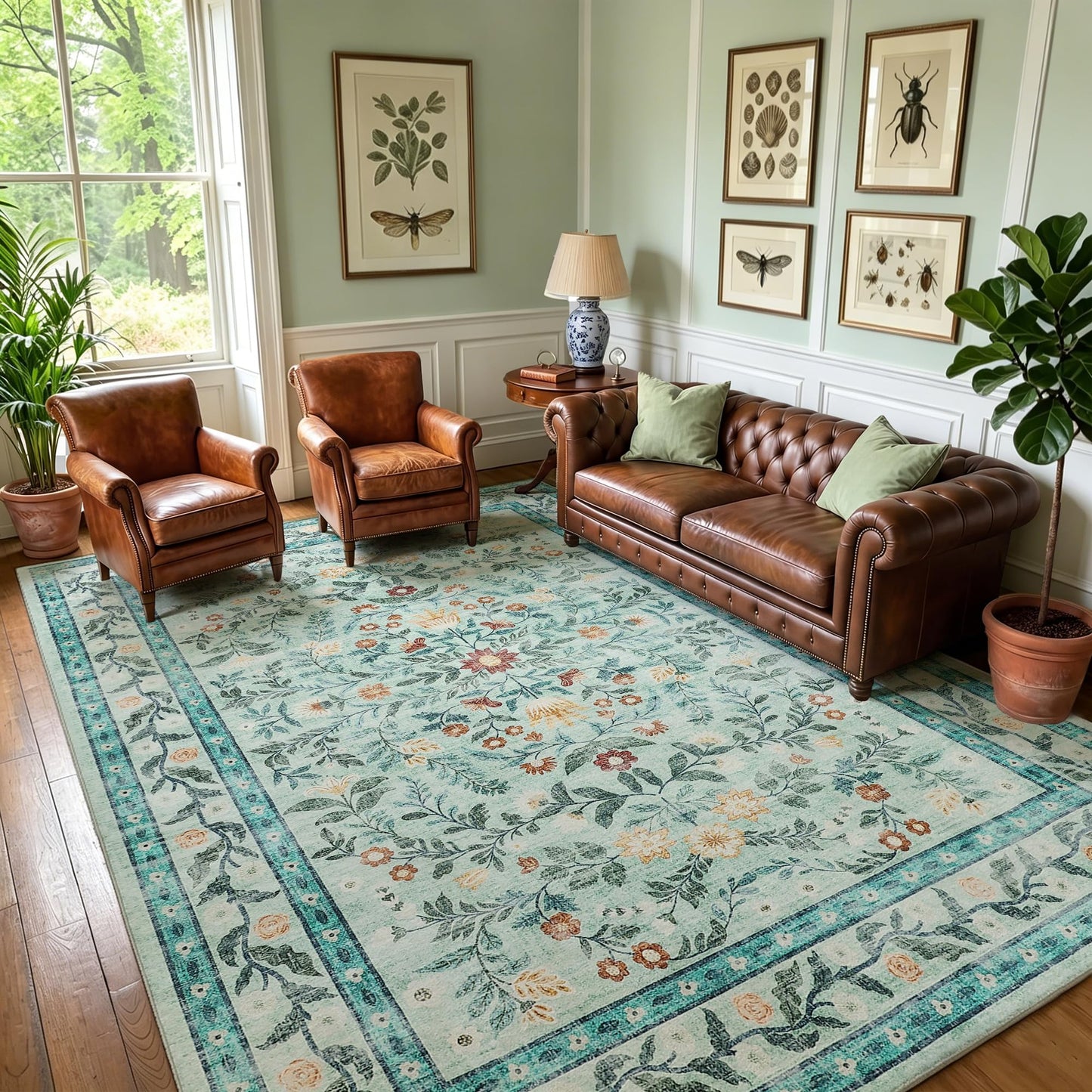 Garvee Area Rug 5x7 for Living Room, Washable Floral Low Pile Rug, Soft Non Slip Carpet for Living Room, Bedroom, Dining Room, Light Green