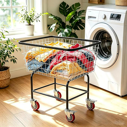 Large Rolling Laundry Cart with Wheels Holds 2 Washer Loads, Wire Laundry Basket, Heavy-Duty Steel Storage Basket with Galvanized Finish, for Commercial or Home Laundry
