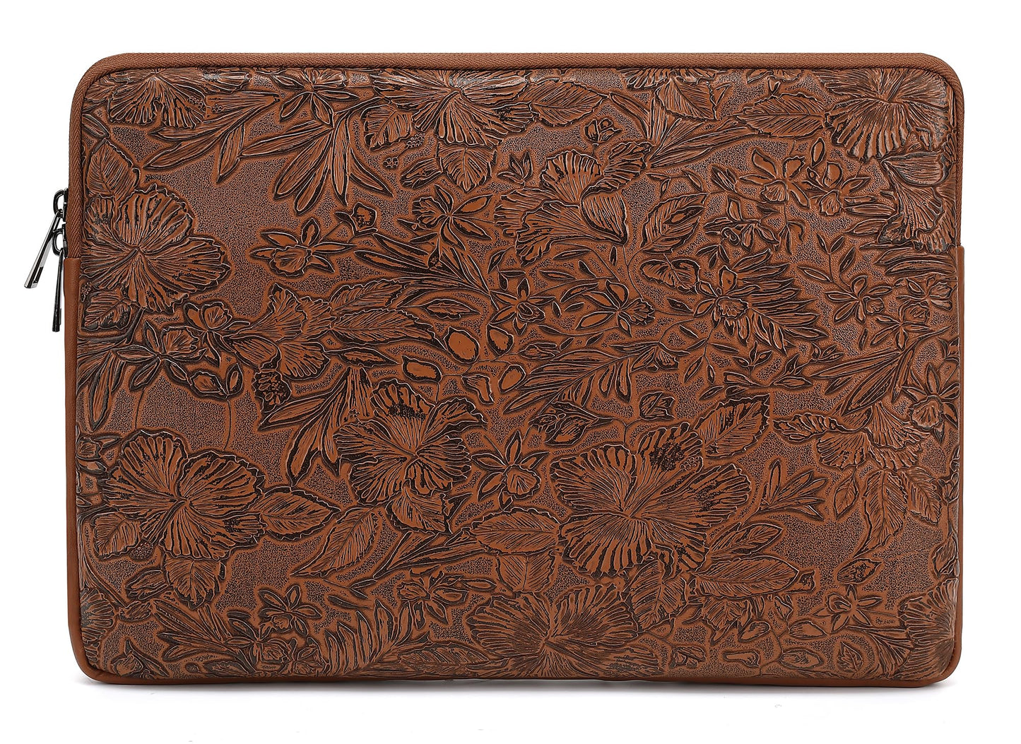 Canvaslove Embossing Floral Pattern PU Leather Laptop Sleeve Case with Pocket for MacBook Air 15 inch and 15 inch-15.6 inch HP, Lenovo, Dell, ASUS, Acer Notebook Computer (Coffee)