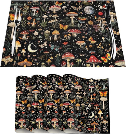 Black Mushroom and Butterfly Linen Placemats Set of 4, Heat Resistant Washable Table Mats for Kitchen Dining Table Party Holiday Outdoor Farmhous, Home Witchy Kitchen Decor, 12" x 18" Place Mats Black
