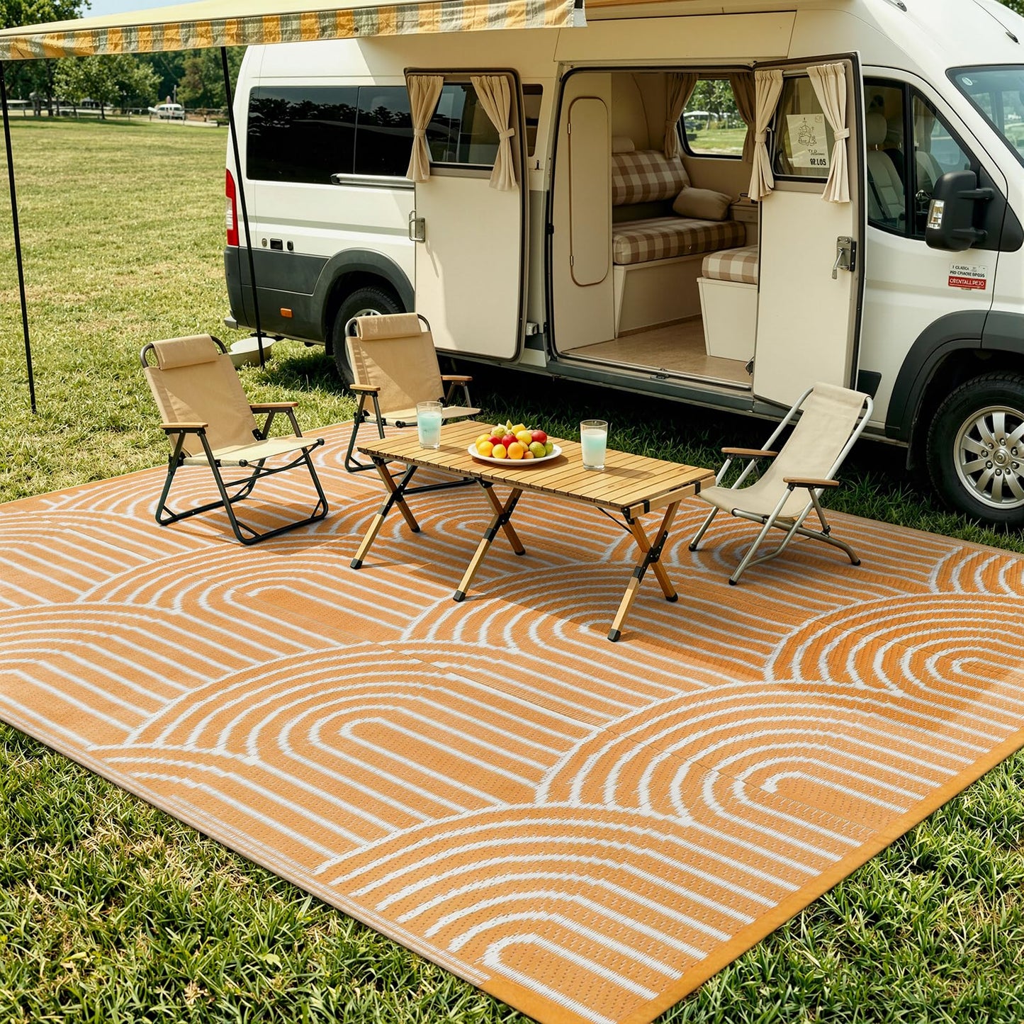 Lahome Outdoor Area Rugs 8x10 Waterproof, Plastic Reversible Rv Mats for Outside, Portable Lightweight Camping Carpet for Beach Backyard Garden (Rainbow Orange, 8'x10')