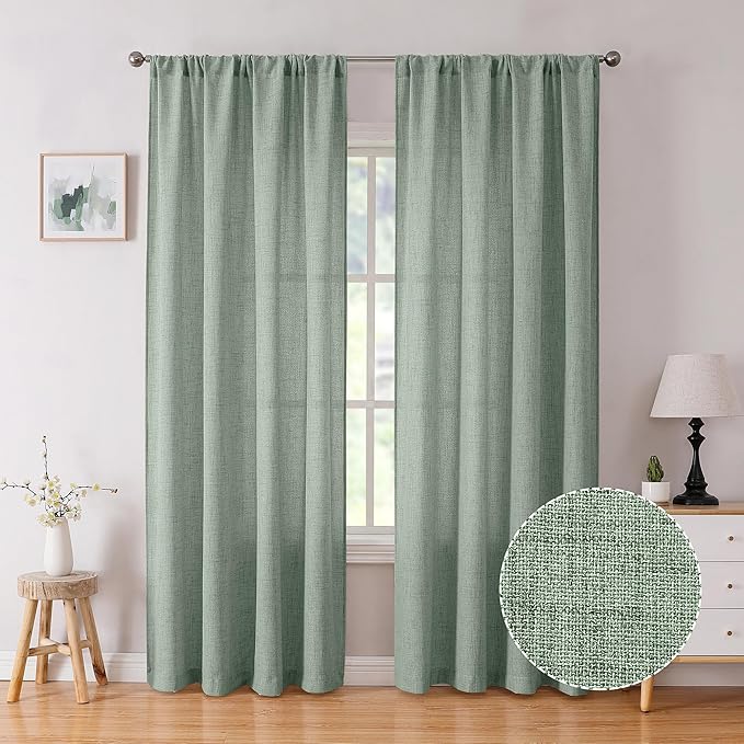 Tollpiz Linen Curtains Living Room Rod Pocket Semi Sheer Curtain Burlap Light Filtering Thick Linen Drapes for Bedroom, 38 x 63 inches Long, Sage Green, Set of 2 Panels