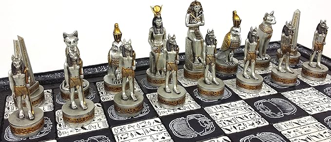 Egyptian Anubis Chess Set Black Silver and Gold Men with 16 Hieroglyphic Board