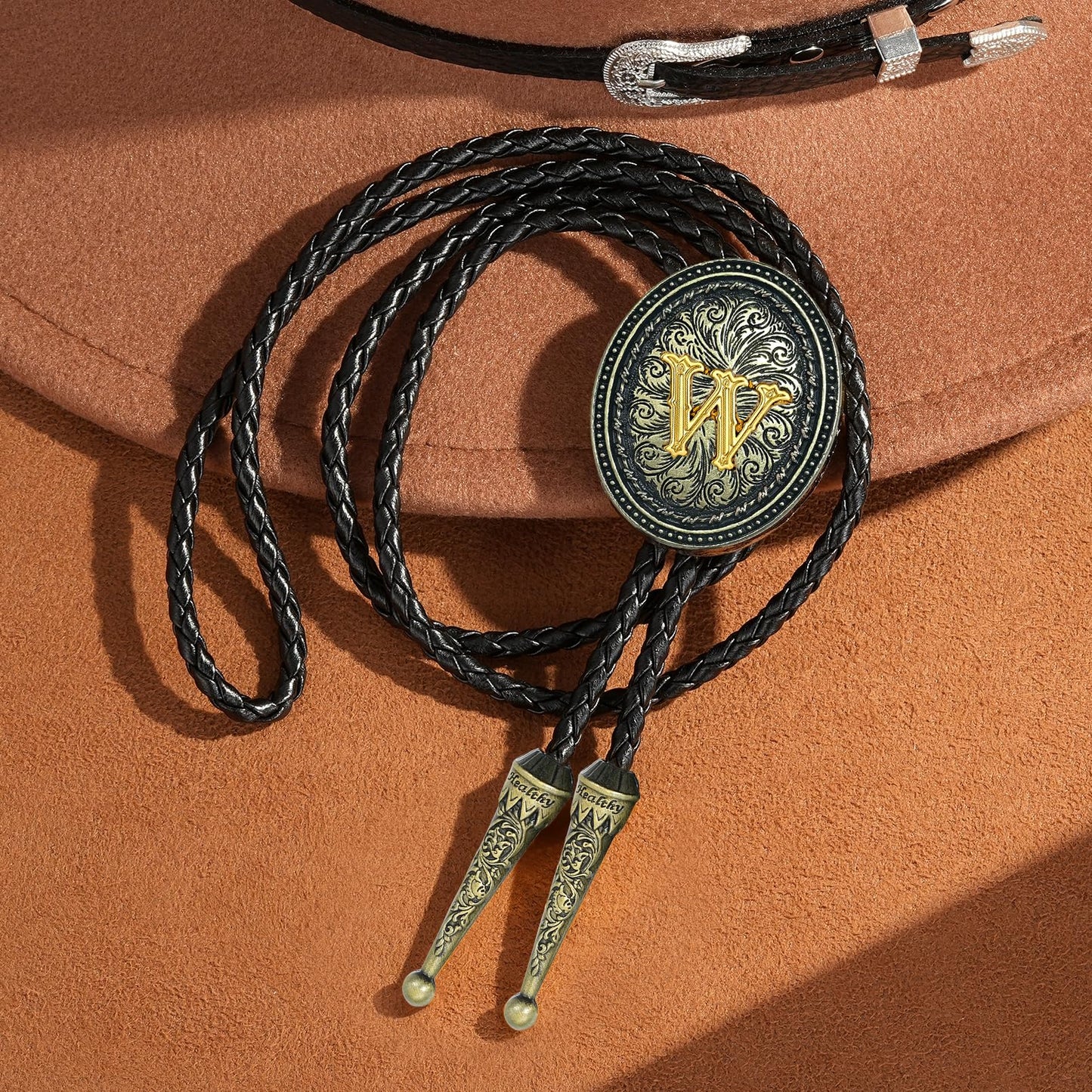 Sintcach Bolo Tie for Men Women, Western Cowboy Initial Letter Bolo Ties, Vintage Leather Necktie Western Accessories Cowboy Gifts, W