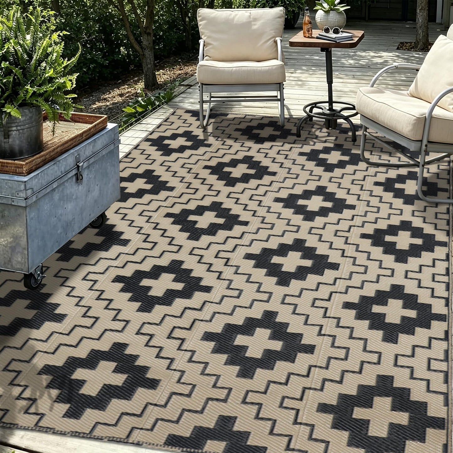 SAND MINE Waterproof Outdoor Rug 5x8 ft, Reversible Plastic Straw Area Rug, Large Floor Mat for Patio, Backyard, Deck, RV, Camping, Picnic, Beach, Balcony & Porch - Black & Beige