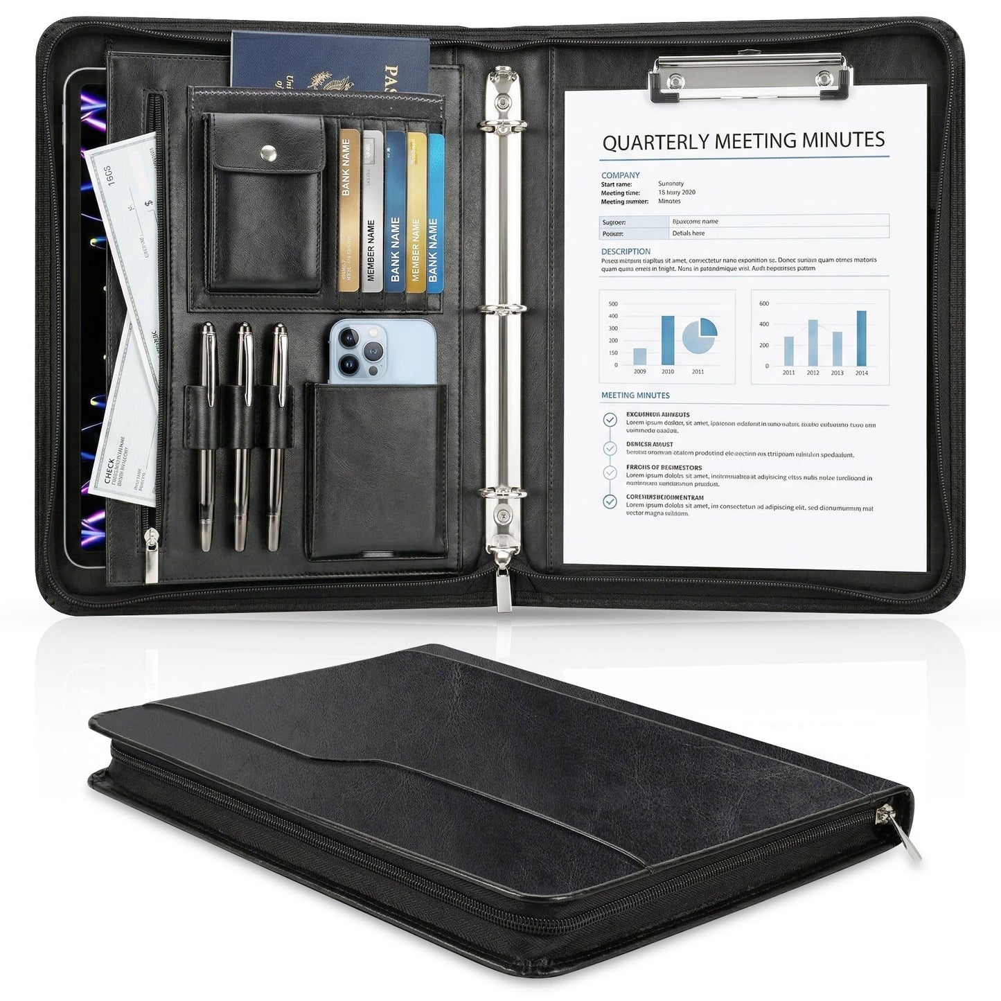 Zippered Padfolio with 3-Ring Binder & Clipboard, PU Leather Portfolio Organizer for Men Women, A4 Document Holder with Phone Pocket Pen Loops Card Slots, Professional Business Interview Folder Black