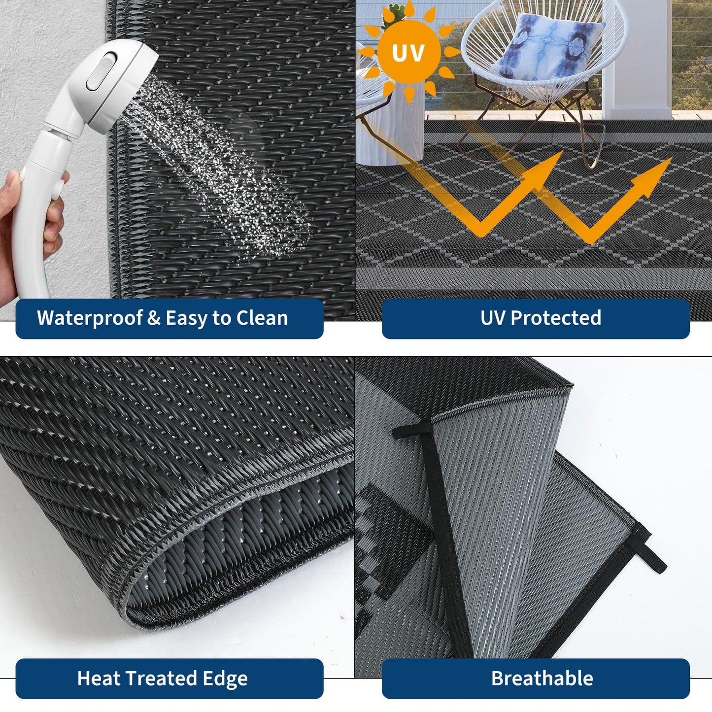 GAOMON Patio Rug 9x18 Waterproof Outdoor Plastic Straw Rug Reversible Camping Mat, Foldable Portable RV Picnic Carpet with Bag & 4 Stakes, UV Resistant Outside Carpet for Deck Balcony, Black&Grey