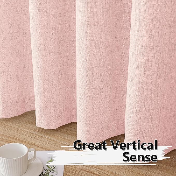 Tollpiz Linen Curtain Living Room Rod Pocket Semi Sheer Curtains Burlap Light Filtering Thick Linen Drape for Bedroom, 54 x 72 inches Long, Pink, Set of 2 Panels