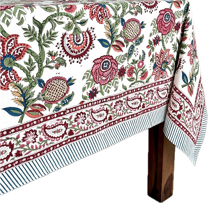 ATOSII Ruby 100% Cotton Rectangle Summer Tablecloth, Block Print Floral Table Cloth for Dining Table, Parties, Weddings, Outdoors Grand Millenial Decor I 60 X 90 Inches I 6 Seater I