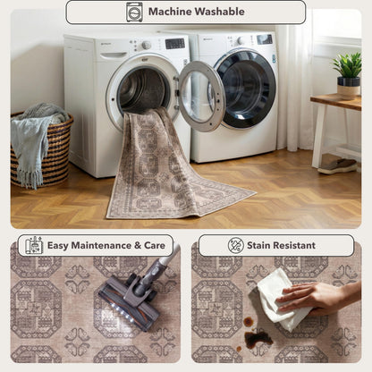 Kuden 9x12 Large Area Rug, Machine Washable Area Rug with Non-Slip Backing, Vintage Style, Soft, Easy Clean, Low Pile Rug for Living Room, Bedroom, Dining Room