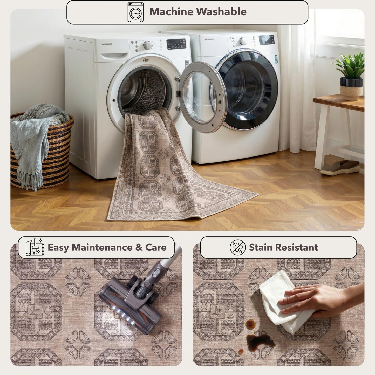 Kuden 6x9 Area Rug, Machine Washable Area Rug with Non-Slip Backing, Vintage Style, Soft, Easy Clean, Low Pile Rug for Living Room, Bedroom, Dining Room