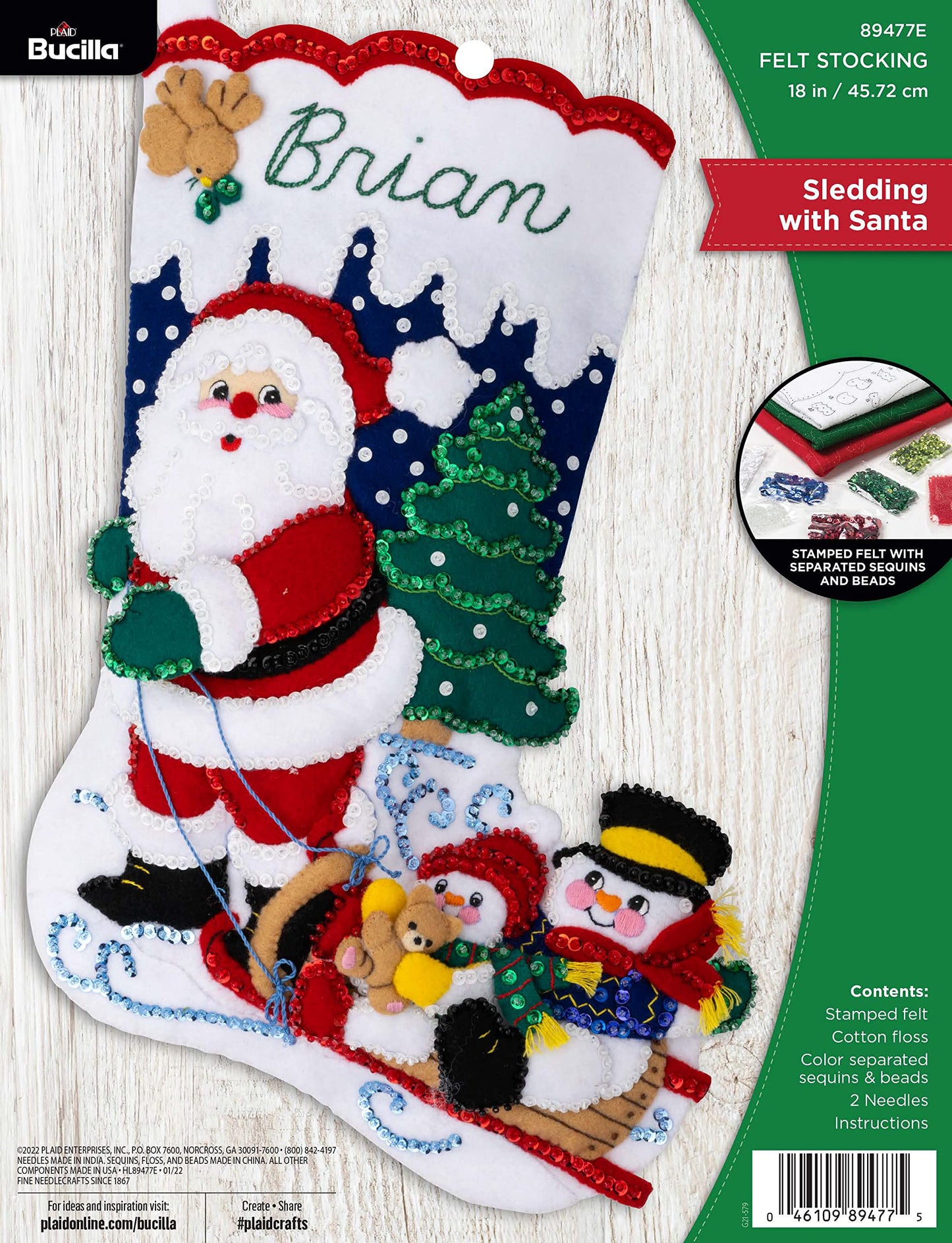 Bucilla Felt Applique 18" Stocking Making Kit, Sledding with Santa, Perfect for DIY Arts and Crafts, 89477E