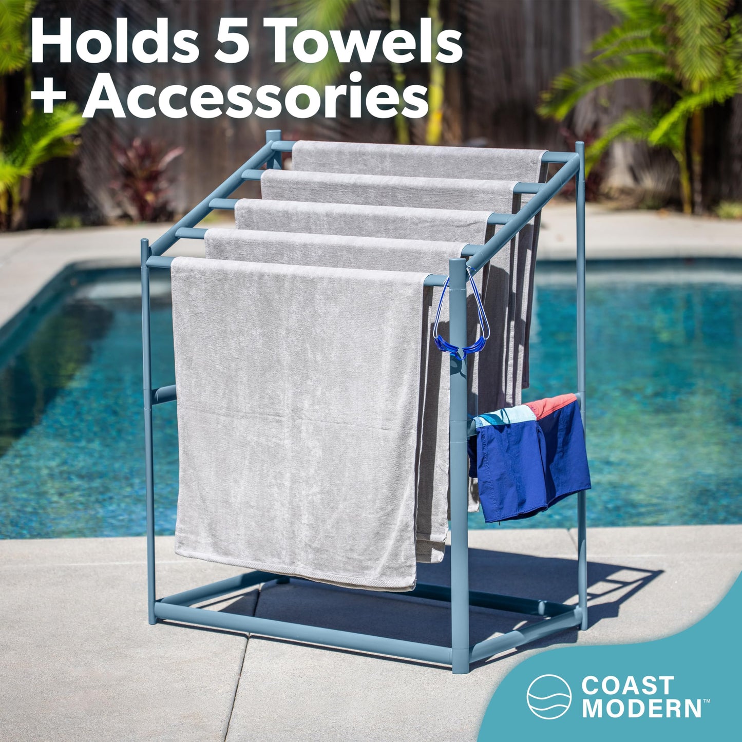 Coast Modern Pool Towel Rack – 5 Beach Towel PVC Drying Rack for Outdoor & Indoor Use - Stone Blue