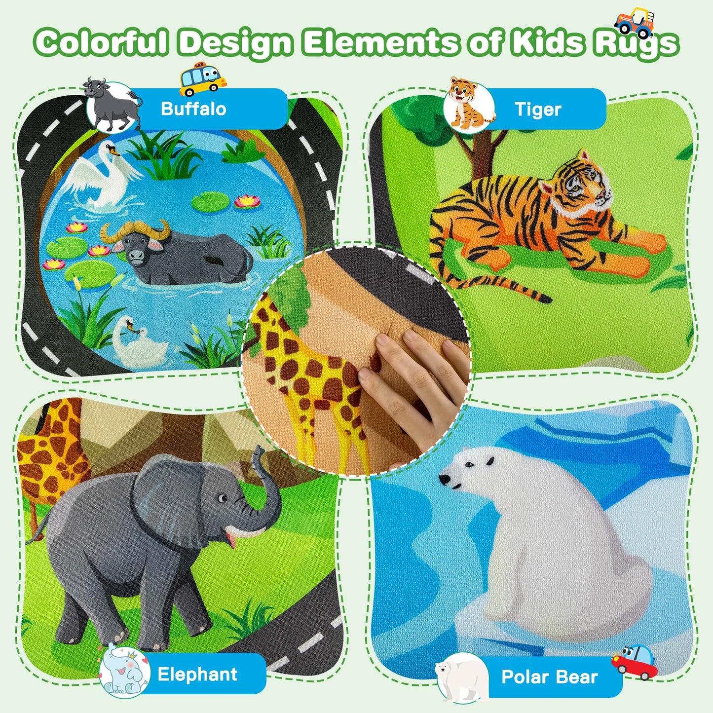 AlphabetAcre Kids Rug, 3x5 Ft Animal Car Rugs for Kids Toy Cars, Extra Thick (0.4in) - Non-Slip Zoo Road Rug Mat Carpet for Playroom & Bedroom, Educational Learning & Game Area