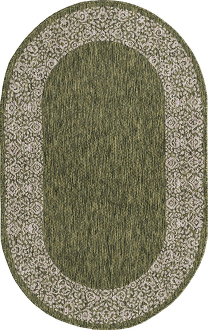 Unique Loom Outdoor Border Collection Area Rug - Floral Border (3' 3" x 5' 3" Oval, Green/ Ivory)