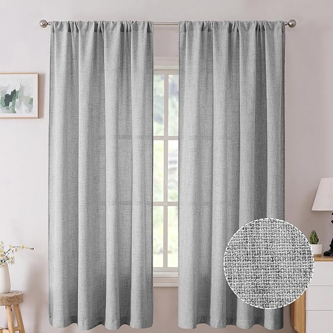 Tollpiz Short Linen Curtain Bedroom Rod Pocket Semi Sheer Curtains Burlap Light Filtering Thick Linen Drape for Living Room, 38 x 54 inches Long, Silver Grey, Set of 2 Panels