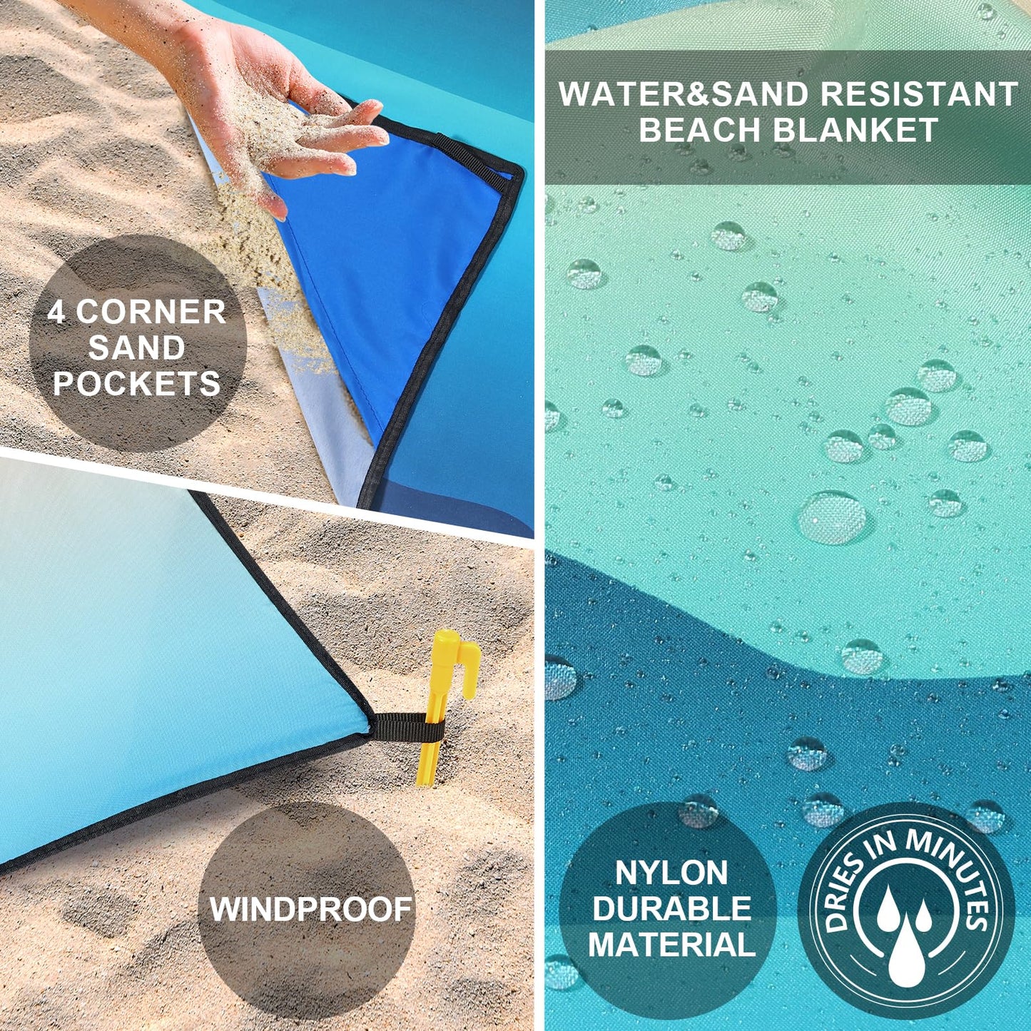 Beach Blanket Waterproof Sandproof Beach Mat 79" X 83"/10'x9'for 2-8 Adults Quick Drying Outdoor Picnic Mat Beach Accessories for Travel, Camping, Hiking