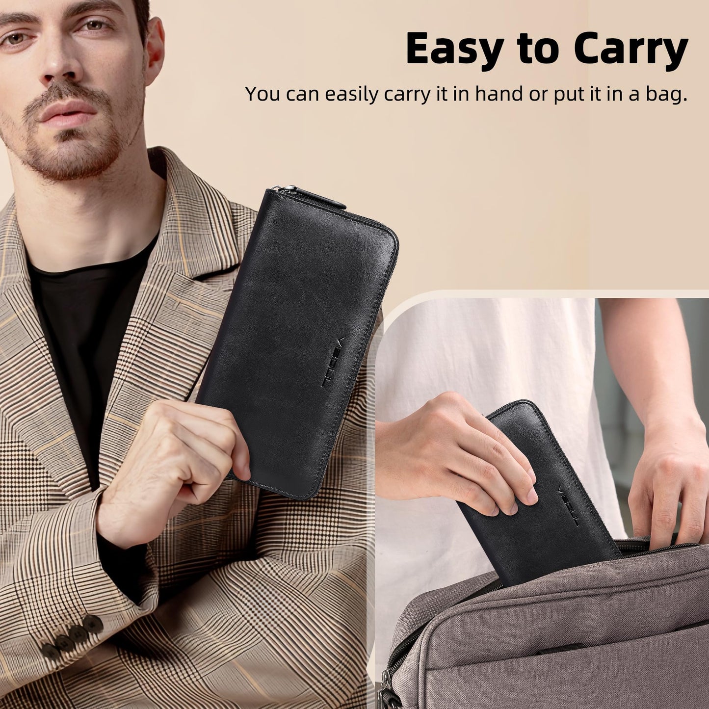 VISOUL Leather Long Zipper Pouch Wallet for Men and Women with RFID Blocking, Large Clutch Cash Long Wallet with Zipper (Black)