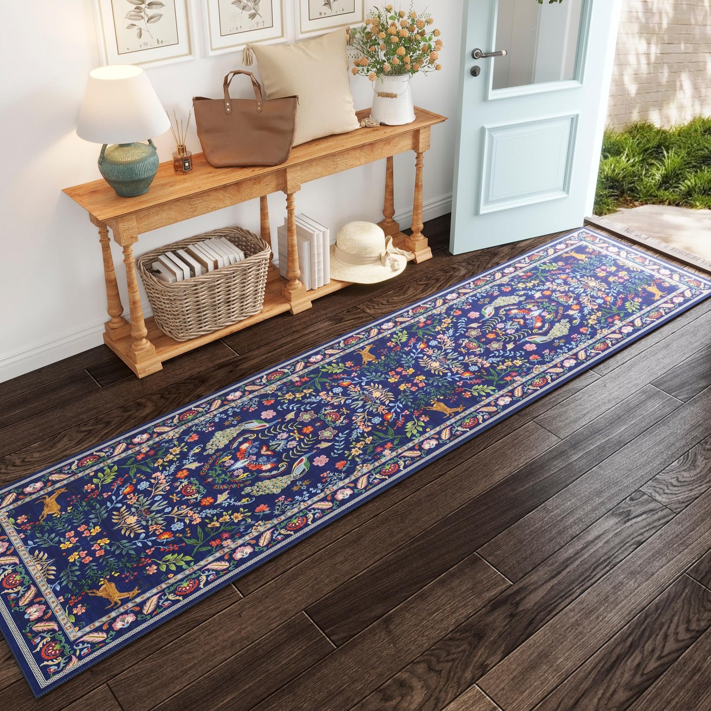 Rugcomf Runner Rug Washable Kitchen Runner 2'x 6'Runner Rug Floral Non-Slip for Entryway Indoor Soft Carpet Runner for Hallways, Kitchen, Laundry, Bedroom, Bathroom(Blue)