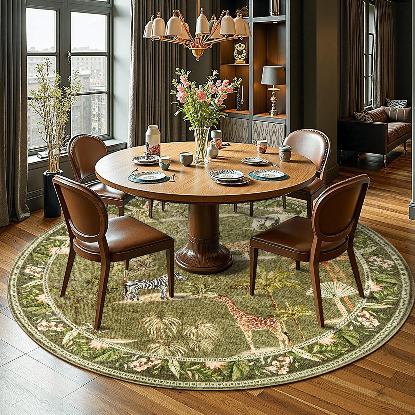 jinchan Round Rug 7ft Green Jungle Animals Print Living Room, Machine Washable 7' Circle Modern Soft Non-Slip Forest Plant Kids Room Throw Area Rug, Low Pile Carpet for Dining Room Bedroom