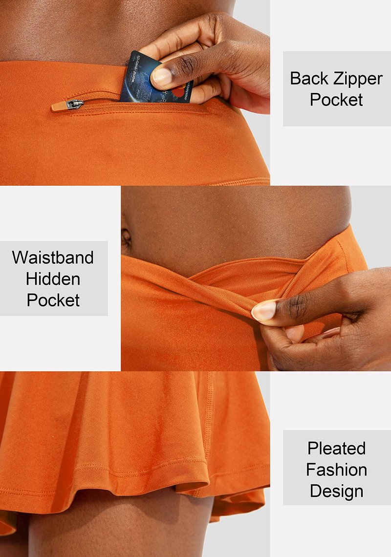 SANTINY Pleated Tennis Skirt for Women with 4 Pockets Women's High Waisted Athletic Golf Skorts Skirts for Running Casual (Orange_S)