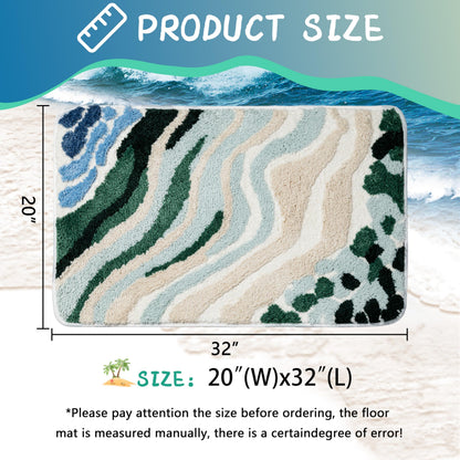 Cevolyn Blue Green Beach Bathroom Rug, Non-Slip Ultra Soft Microfiber Cute Coastal Bath Mat, Absorbent 3D Tufted Ocean Wave Decor for Floor, Shower, Tub, Machine Washable, 20"x32"