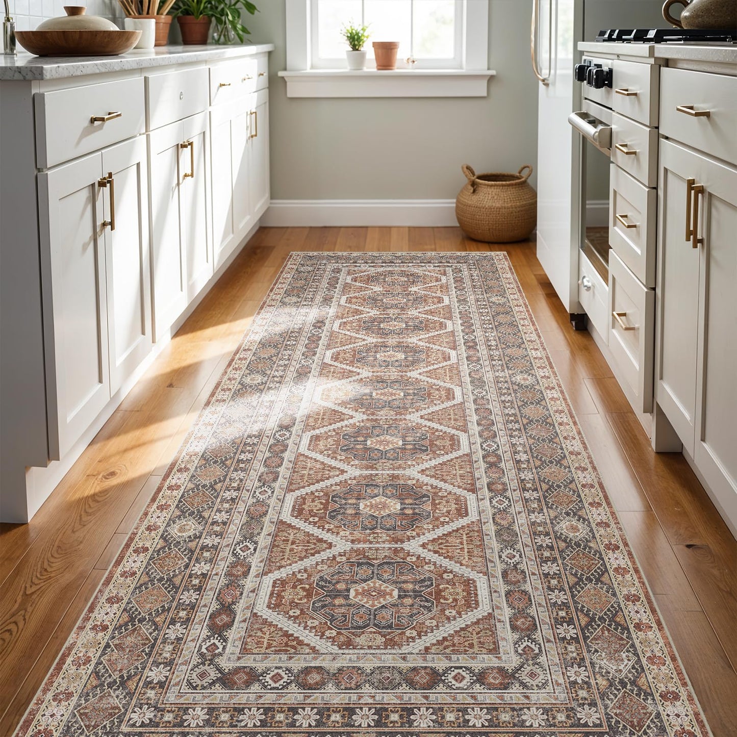 3x8 Runner Rug Kitchen Washable: Oriental Indoor Hallway Runners with Non Slip Backing Floor Mat for Entryway Door Low Pile Thin Carpet for Bedroom Bathroom Living Room Bedside Brick