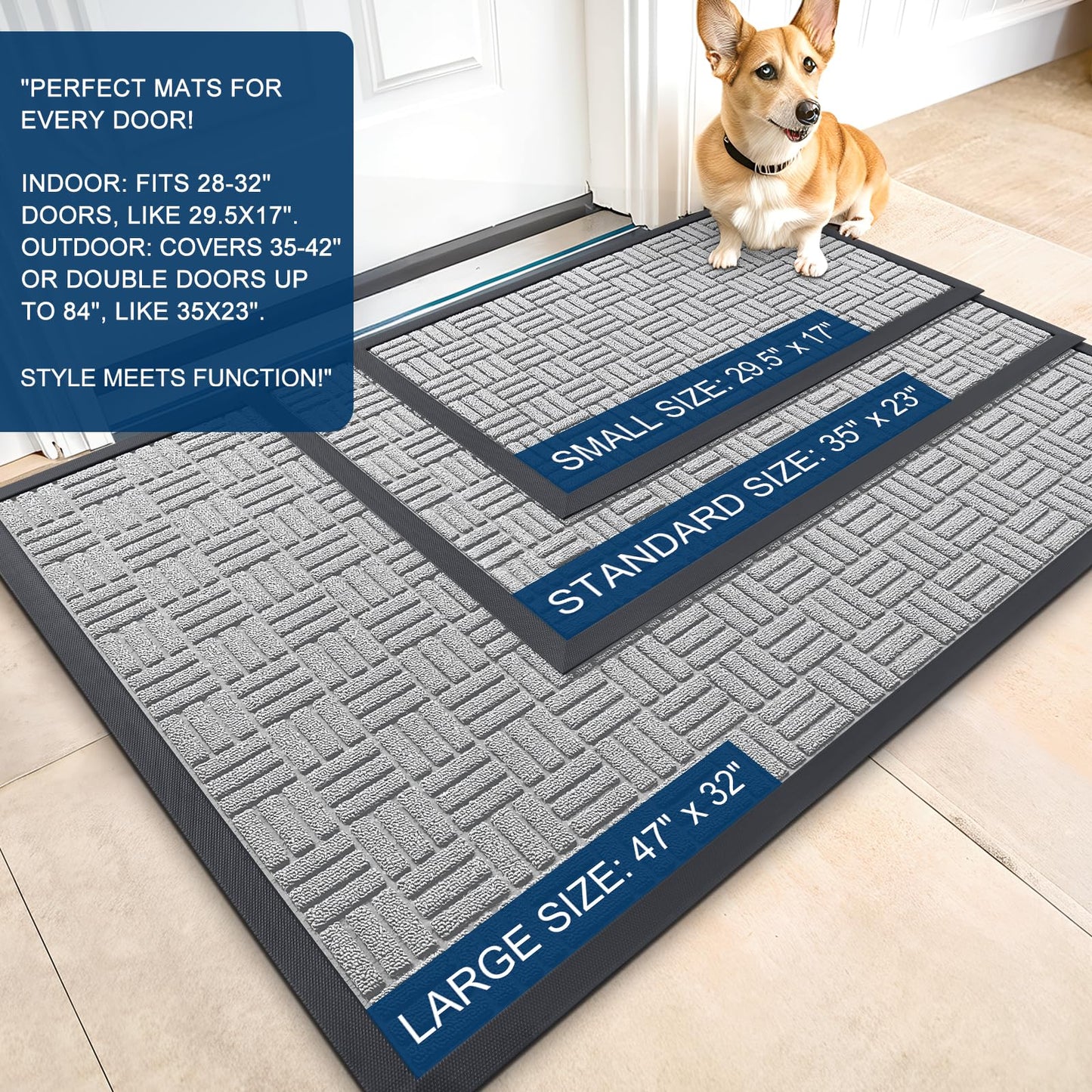 OLANLY Front Door Mat Outside Entrance 29.5x17, Absorbent, Heavy Duty Sturdy Natural Rubber Doormat Indoor Outdoor, Non-Slip, Stain and Fade Resistant, Low Profile Floor Mat for Entryway, Light Gray