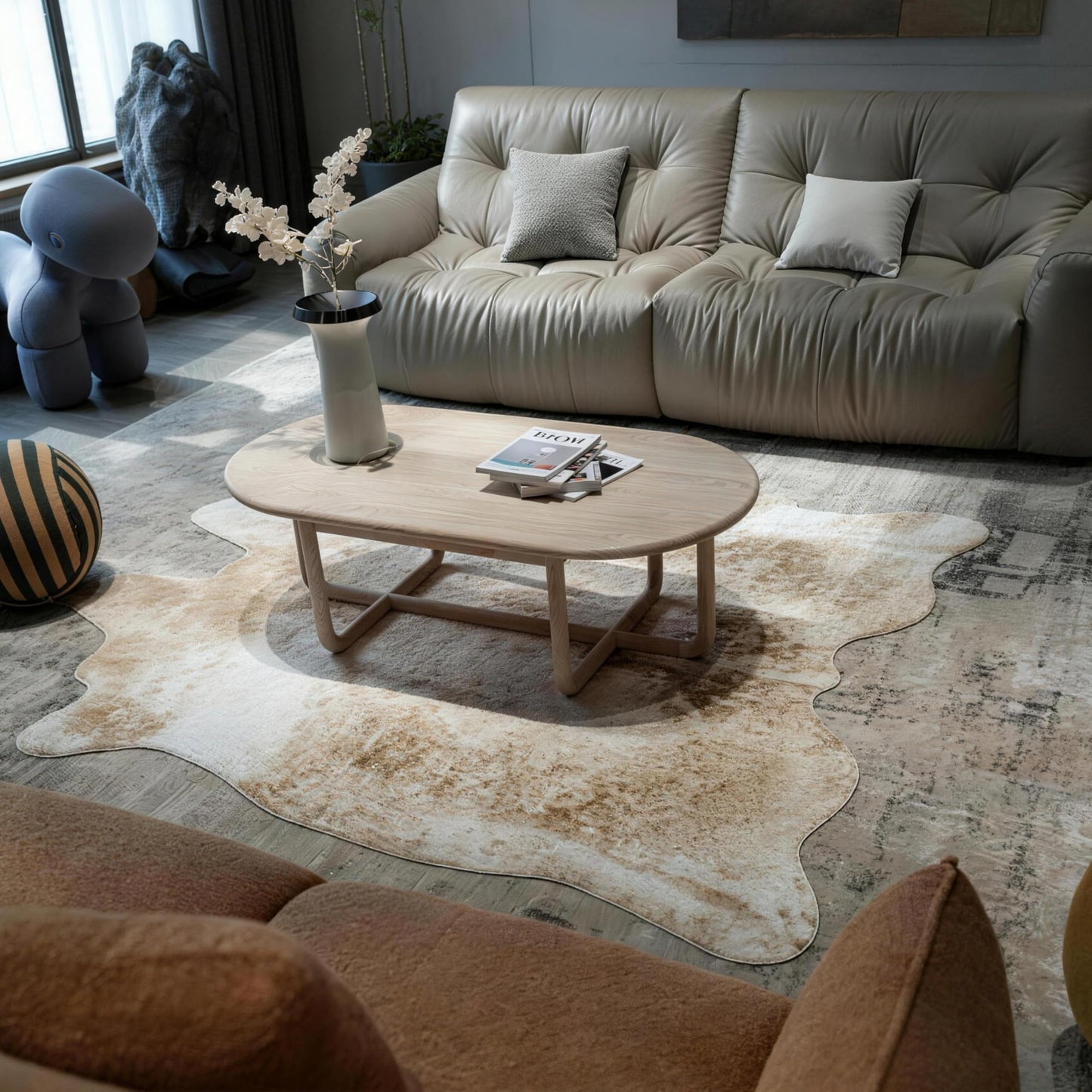 Large Faux Cowhide Rug Beige Brown Animal Print Shaggy Area Rug with Suede Backing, Non-Slip, Machine Washable 6.4x8.4ft Rustic Farmhouse Decor, for Living Room Bedroom