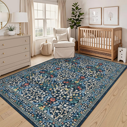 GarveeHome Floral Area Rugs 5x7, Dark Blue Washable Rug for Living Room, Bedroom, Low Pile Non Slip Stain Resistance Indoor Boho Carpet Mat for Farmhouse, Dining Room, Office